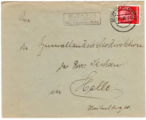 DR 1936, Landpost Stpl. BECKENDORF über Oschersleben (Bode) auf Brief m. 12 Pf.