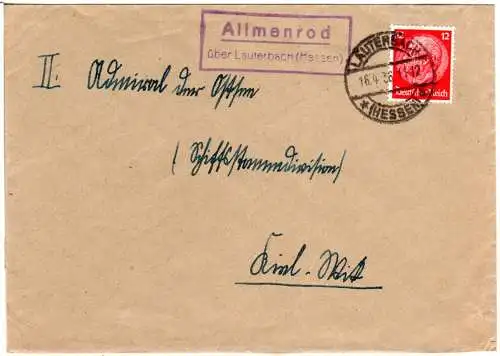 DR 1936, Landpost Stpl. ALLMENROD über Lauterbach (Hessen) auf Brief m. 12 Pf.
