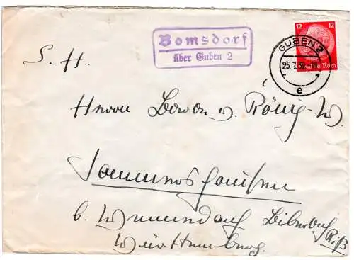 DR 1939, Landpost Stpl. BOMSDORF über Guben 2 auf Brief m. 12 Pf.