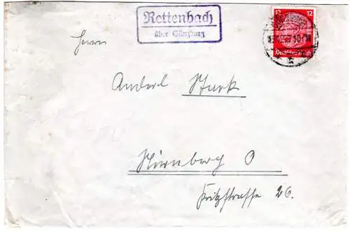DR 1937, Landpost Stpl. RETTENBACH über Günzburg auf Brief m. 12 Pf.