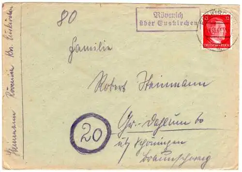 DR 1944, Landpost Stpl. RÖVENICH über Euskirchen auf Brief m. 12 Pf.