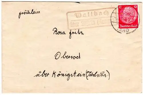 DR 1934, Landpost Stpl. WALLBACH über Idstein (Taunus) auf Brief m. 12 Pf.