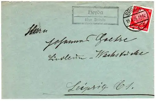 DR 1934, Landpost Stpl. HEYDA über Döbeln auf Brief m. 12 Pf.