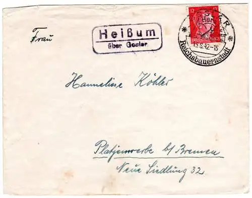 DR 1942, Landpost Stpl. HEIßUM über Goslar auf Brief m. 12 Pf.