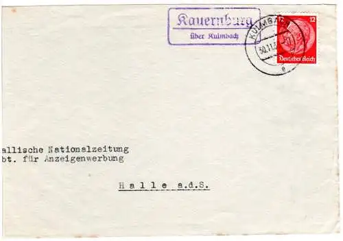 DR 1936, Landpost Stpl. KAUERNBURG über Kulmbach auf Brief m. 12 Pf.