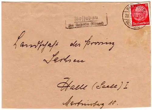 DR 1938, Landpost Stpl. KOSSEBAU über Seehausen (Altmark) auf Brief m. 12 Pf.