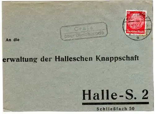 DR 1934, Landpost Stpl. CRAJA über Bleicherode auf Brief m. 12 Pf.