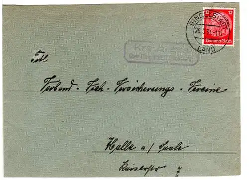 DR 1931, Landpost Stpl. KREUZEBRA über Dingelstädt auf Brief m. 12 Pf.