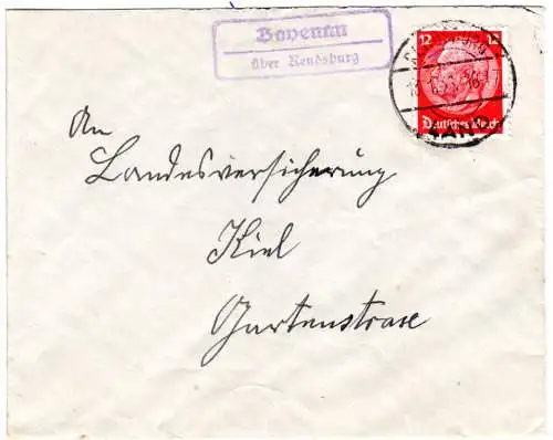 DR 1938, Landpost Stpl. BOVENAU über Rendsburg auf Brief m. 12 Pf.