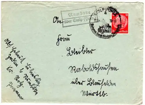 DR 1941, Landpost Stpl. RUMBSKE über Stolp (Pom.) auf Brief m. 12 Pf.