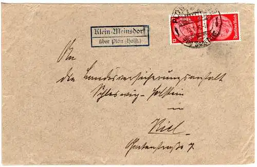DR 1936, Landpost Stpl. KLEIN-MEINSDORF über Plön (Holst.) auf Brief m. 2x12 Pf.