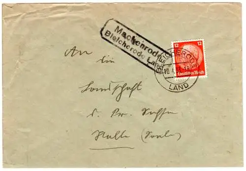 DR 1933, Landpost Stpl. MACKENRODE Bleicherode Land auf Brief m. 12 Pf.