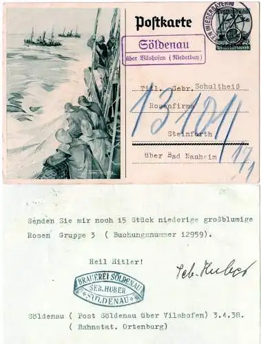 DR 1938, Landpost Stpl. SÖLDENAU über Vilshofen (Niederbay) auf 6 Pf. Ganzsache