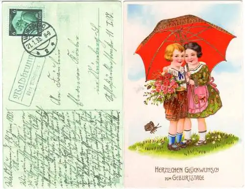 DR 1935, Landpost Stpl. WALDBRUNN über Würzburg auf Geburtstags-Karte m. 6 Pf.