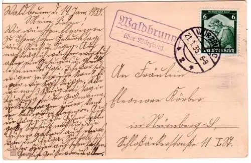 DR 1935, Landpost Stpl. WALDBRUNN über Würzburg auf Geburtstags-Karte m. 6 Pf.