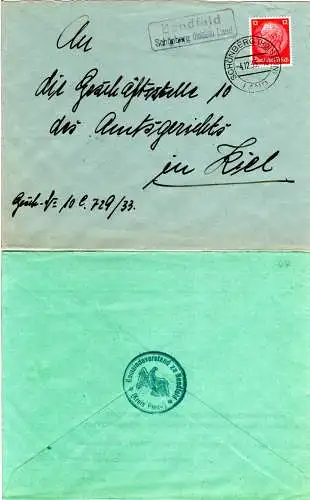DR 1933, Landpost Stpl. BENDFELD über Schönberg Land auf Brief m. 12 Pf.