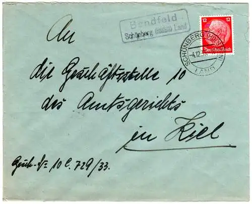 DR 1933, Landpost Stpl. BENDFELD über Schönberg Land auf Brief m. 12 Pf.