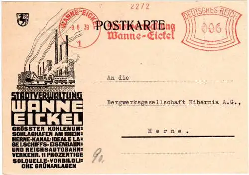 DR 1939, Absenderfreistpl. Stadtverwaltung Wanne-Eickel auf illustrierter Karte