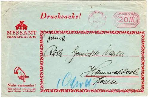 DR 1923, 20 Mk. Post-Freistempel auf Messamt Vordruck Umschlag v. Frankfurt