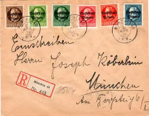 Bayern 1920, 6 versch. Ludwig Volksstaat Marken auf Reko Brief v. München 40