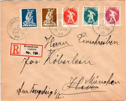 Bayern 1920, 5 versch. Abschied-Werte auf Einschreiben Brief v. Königshofen 