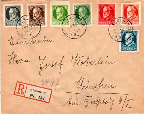 Bayern 1920, 7 versch. geschn. Ludwig Werte auf Einschreiben Brief v. München 40