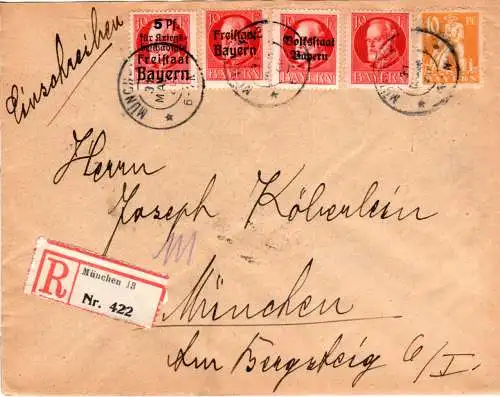 Bayern 1920, 5 versch. 10 Pf. auf portorichtigem Orts-Reko Brief v. München 13