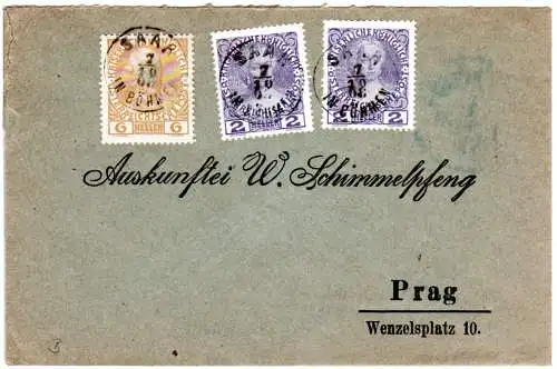 Österreich 1908, 6+2x2 H. auf Brief m. kl. K1 SAAR IN BÖHMEN