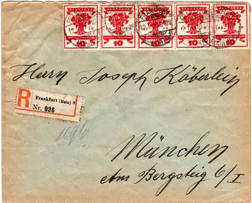 DR 1920, MeF 5x10 Pf. Nationalversammlung auf Reko Brief v. Frankfurt a. M.
