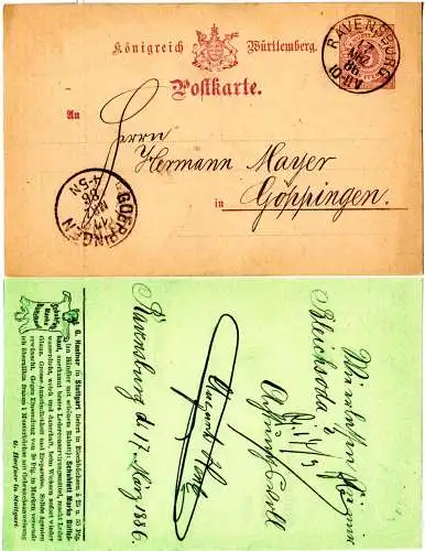 Württemberg 1886, 5 öre Ga. m. rs. Büffelhaut Schuhfett Zudruck u. K1 Ravensburg
