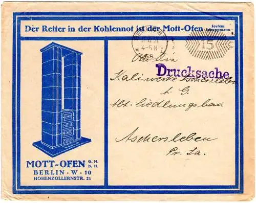 DR 1921, 15 Pf. Post-Freistempel auf Mott-Ofen Reklame Umschlag v. Berlin SW68