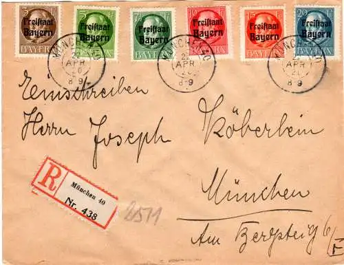 Bayern 1920, 6 Ludwig-Freistaat Marken auf Einschreiben Brief v. München 40