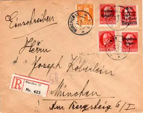 Bayern 1920, 5 Marken auf portorichtigem Orts-Einschreiben Brief v. München 13