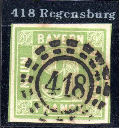 Bayern, oMR 418 REGENSBURG klar u. zentrisch auf breitrandiger 9 Kr.