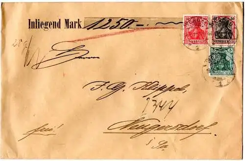 DR 1913, 50+10+5 Pf. Germania auf Wert Brief v. Werdau n. Neugersdorf