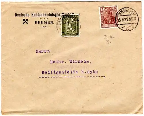 DR 1921, 5+10 Pf. m. perfin Firmenlochung auf Brief v. Bremen 