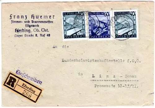 Österreich 1947, 60+2x40 G. auf Firmen Einschreiben Brief v. Eferding