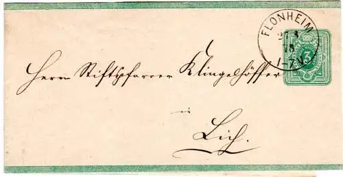 DR 1878, sauber gebr. 3 Pfge. Streifband m. klarem K1 FLONHEIM n. Lich.
