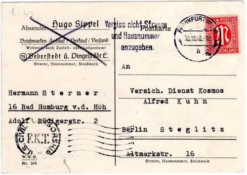 AM Post 1946, 15 Pf. auf Karte v. Frankfurt n. Berlin m. FKT US Zensur