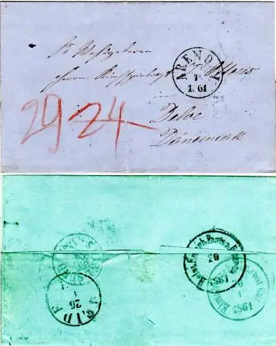 Norwegen 1861, K1 ARENDAL auf Porto Brief n. Dänemark m. Schleswig Bahnpost