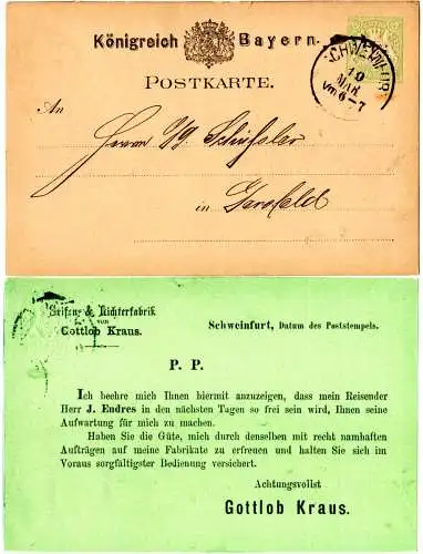 Bayern, v. Schweinfurt gebr. 3 Pf. Ganzsache m. rs. Avis Zudruck Fa. G. Kraus