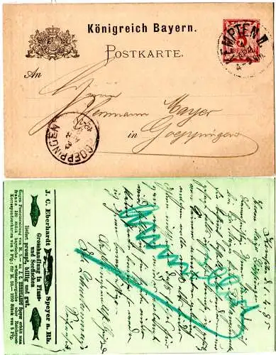 Bayern 1885, 5 Pf. Ganzsache v. Kempten m. Zudruck Fisch Eberhardt, Speyer.