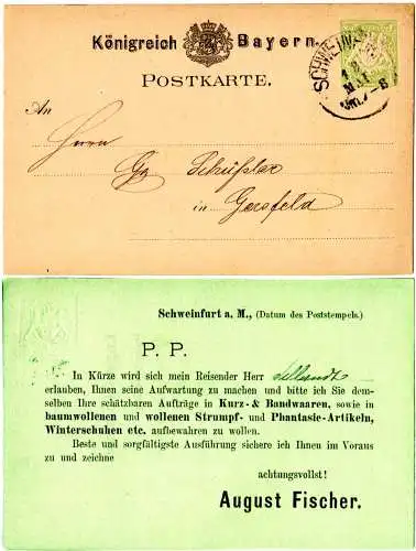 Bayern, v. Schweinfurt gebr. 3 Pf. Ganzsache m. rs. Avis Zudruck Fa. A. Fischer