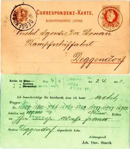 Österreich 1882, Klarer Böhmen-K1 KASNAU auf Bergwerks Ganzsache n. Deggendorf