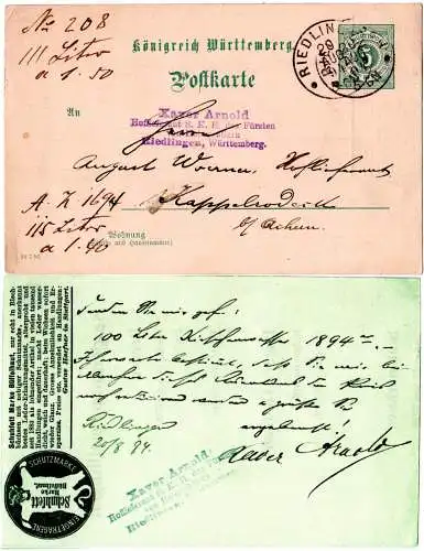 Württemberg 1894, 5 öre Ga. m. rs. Büffelhaut Schuhfett Zudruck u. K1 Riedlingen