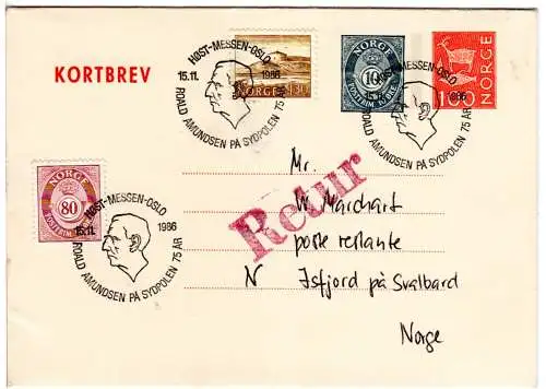 Norwegen 1986, 100+10 öre Kartenbrief m. Zusatzfr. v. Oslo n. Spitzbergen.