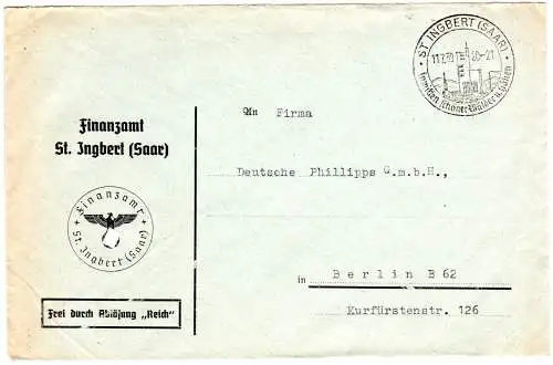 DR 1939, Frei durch Ablösung Reich Finanzamt Brief v. St. Ingbert (Saar)