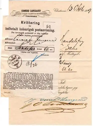 Norwegen 1909, Postschein Kvittering for inbetalt postanvisning m. Stpl. RÖKEN