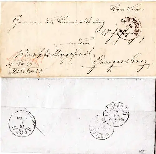 Bayern 1879, K1 SCHÖNBERG auf Militaria Brief n. Hengersberg m. 3 rs. Stempeln