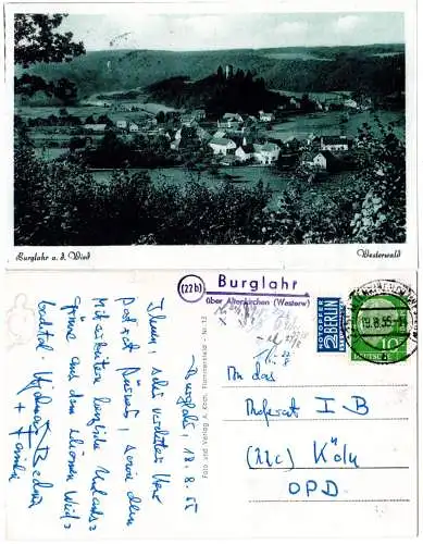 BRD 1955, Landpost Stpl. 22b BURGLAHR über Altenkirchen auf sw-AK m 10 Pf.